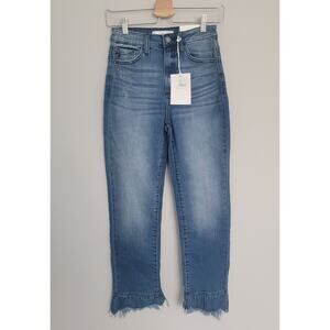 NWT KanCan Womens Jeans 3/25 High Rise Ruffle Raw Hem Medium Wash